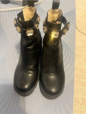 Black Leather Ankle Booties with Jeweled Strap